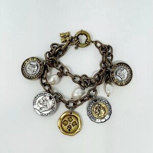 Patricia Nash World Coin Freshwater Pearl Double-Chain Gold Tone Charm Bracelet